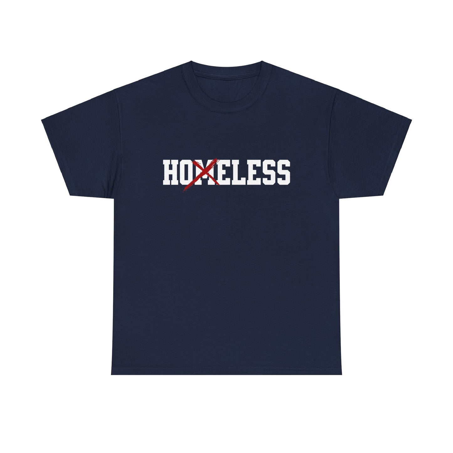 Unisex Shirt in Navy mit dem Spruch Homeless drauf. Das M ist durchgestrichen; also steht auf dem Shirt Hoeless.