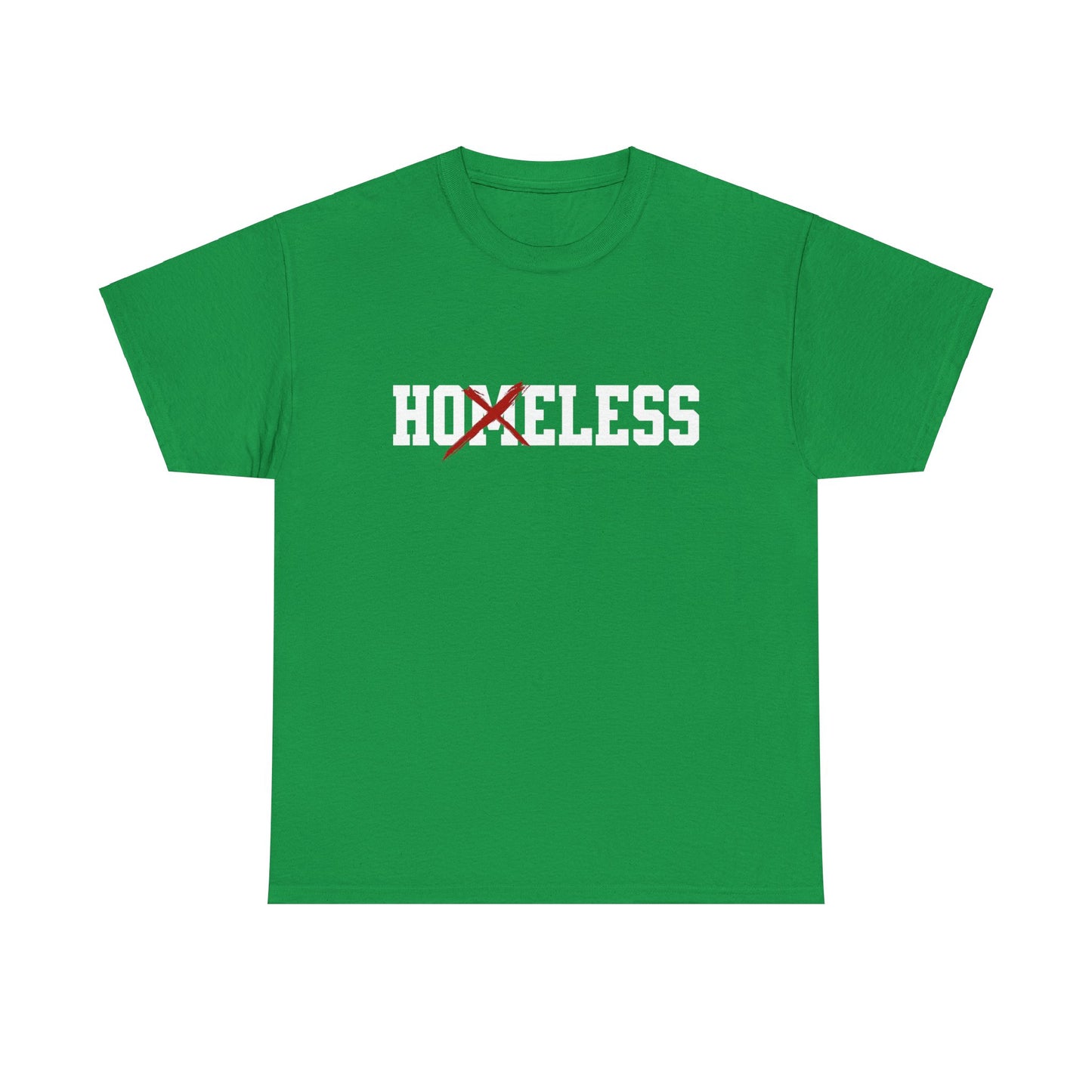 Unisex Shirt in knallgrün mit dem Spruch Homeless drauf. Das M ist durchgestrichen; also steht auf dem Shirt Hoeless.
