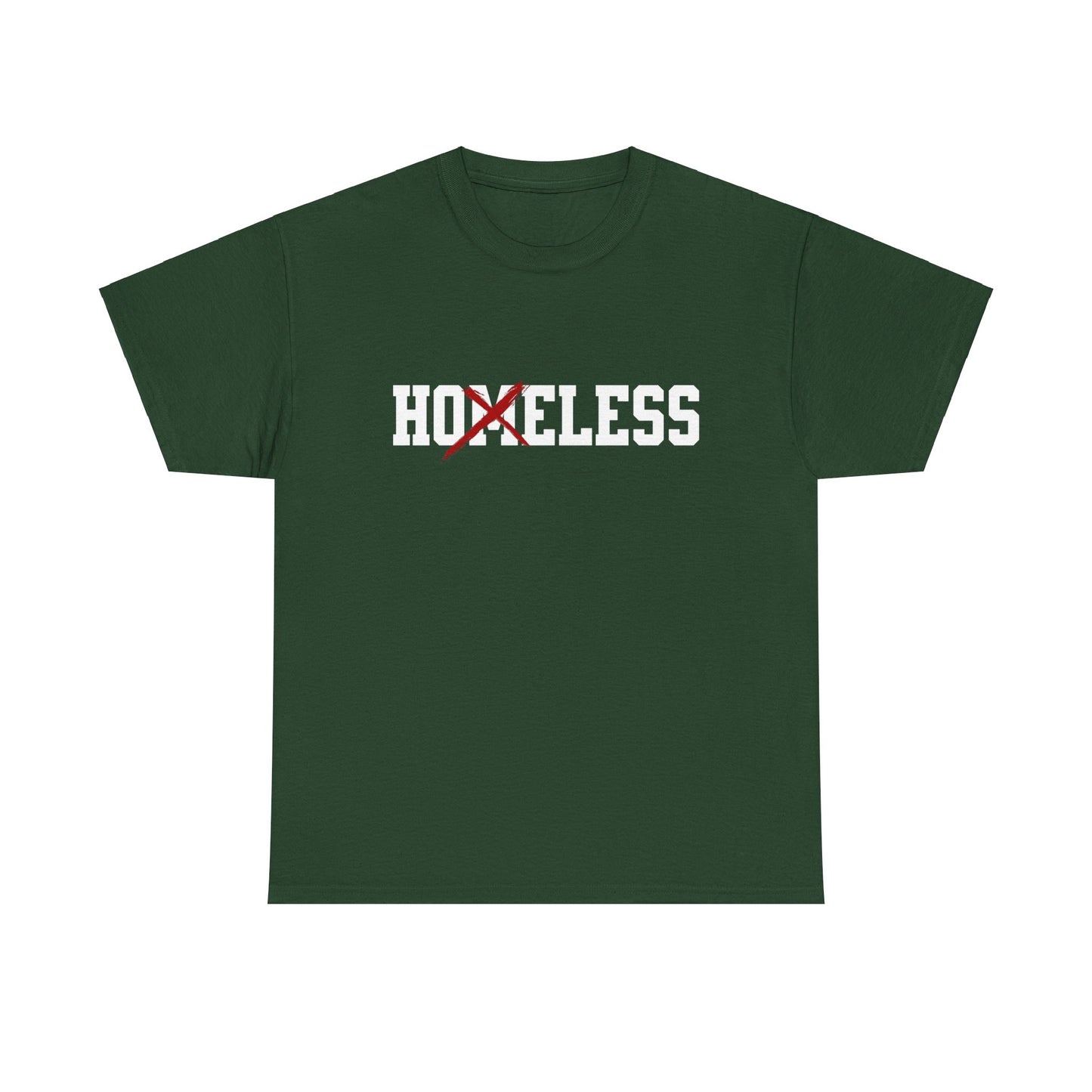 Unisex Shirt in grün mit dem Spruch Homeless drauf. Das M ist durchgestrichen; also steht auf dem Shirt Hoeless.